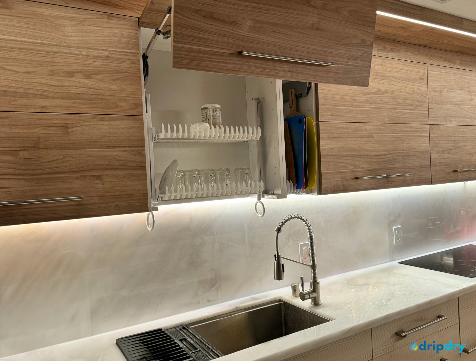 Custom kitchen cabinet with drying racks above sink drip dry Smallest ever on right